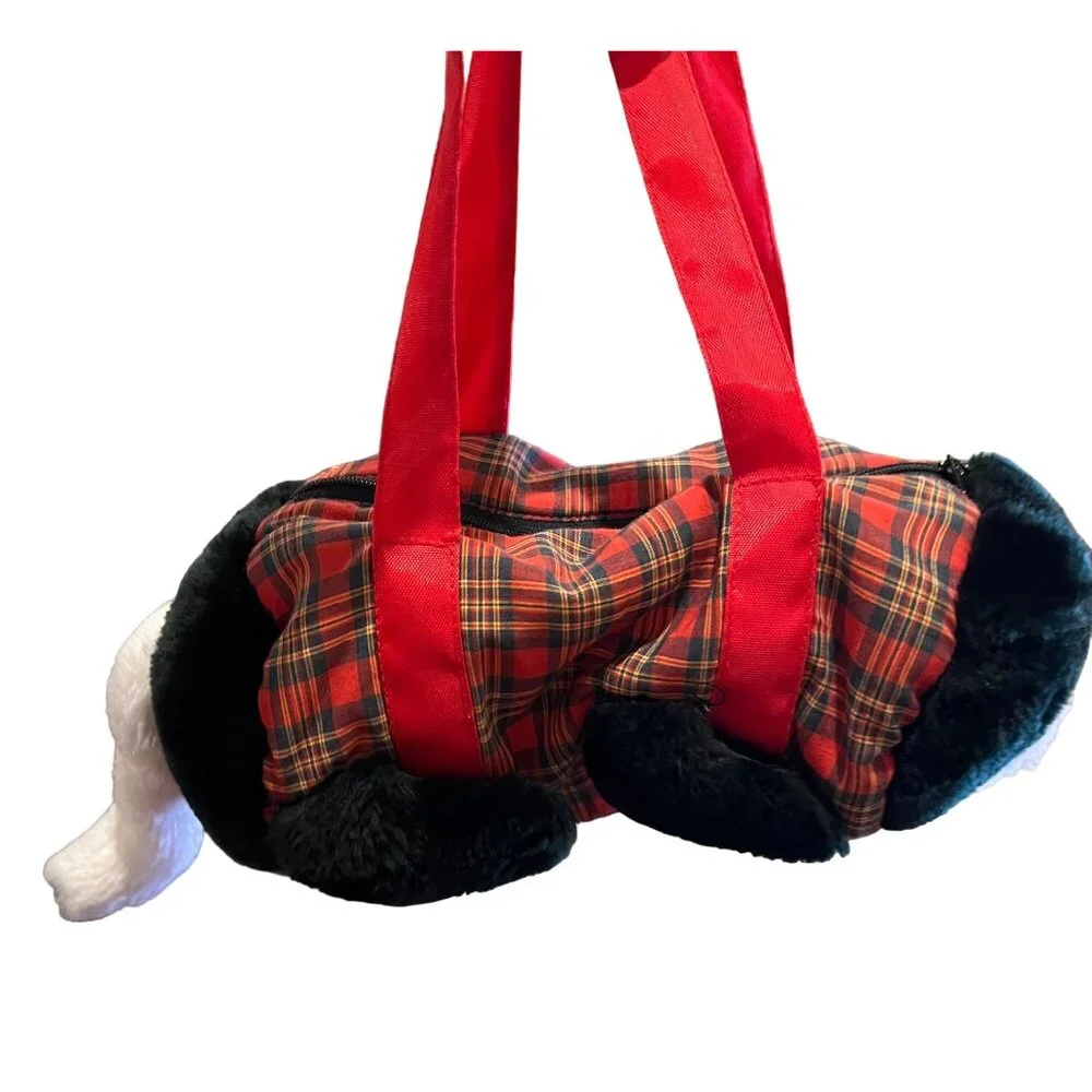 Cat Purse Girl Black & White Cat Stuffed Plush Red Plaid‎ 12” Length - Small